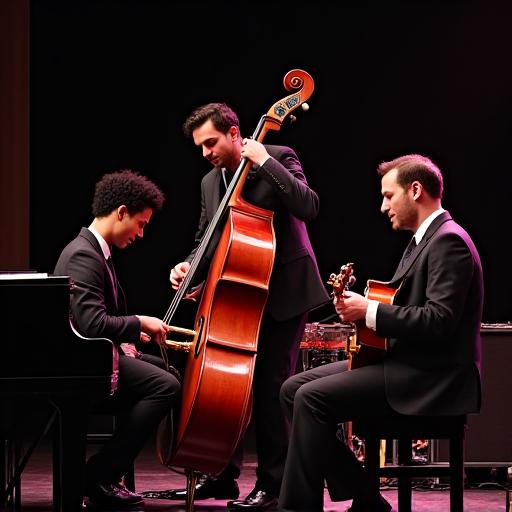The Blue Notes Trio performing, with a pianist, bassist, and drummer.
