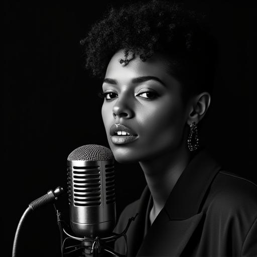 Portrait of female jazz vocalist Evelyn Reed at a microphone.