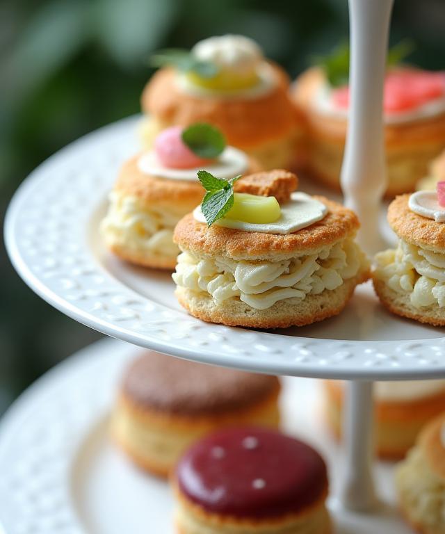 A close-up of a three-tiered afternoon tea stand, showcasing delicate finger sandwiches, scones, and pastries.