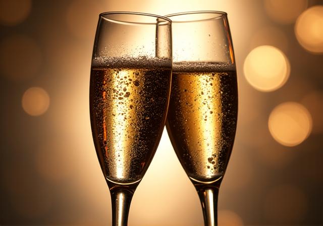 Two champagne flutes delicately clinking in a toast, celebrating a moment.