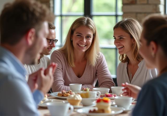 A candid photo of guests enjoying their afternoon tea, sharing a laugh.