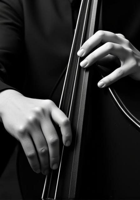 Close-up of a musician's hands expertly playing a double bass.