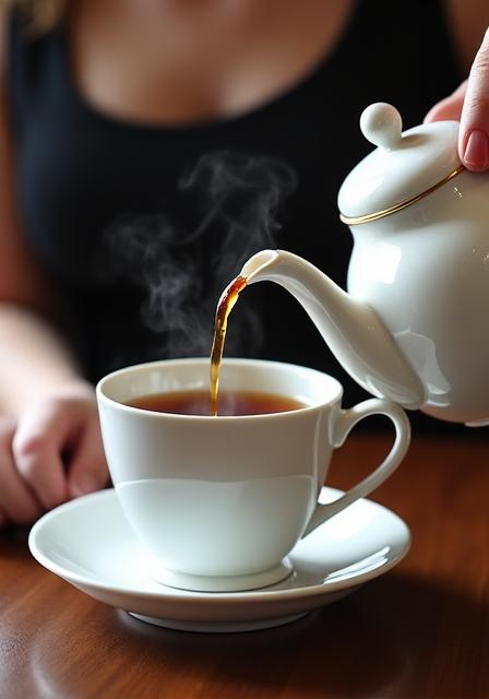 A server pouring loose-leaf tea into a fine china cup, steam gently rising.