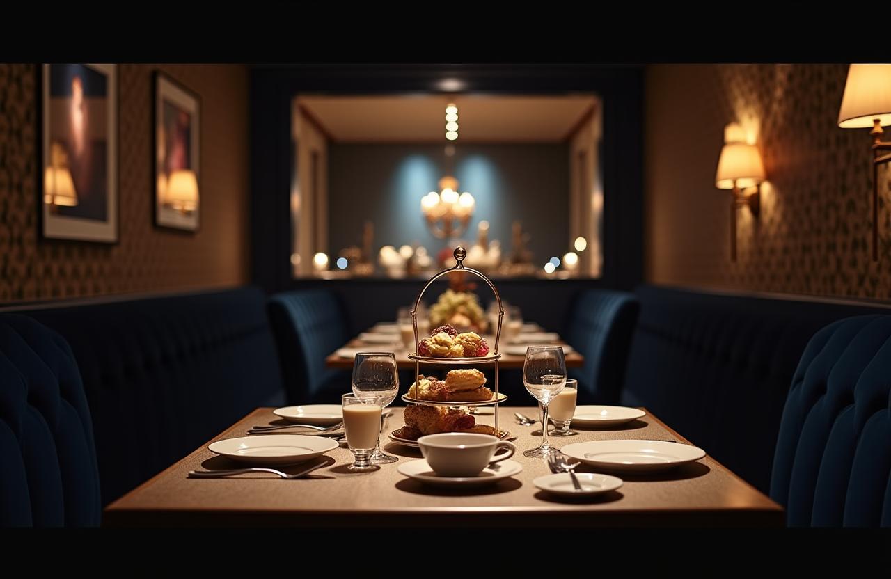 A dimly lit, elegant interior of The Mayfair Jazz Teahouse with a focus on a table set for afternoon tea and a soft glow from the stage.
