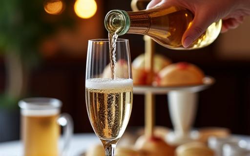 A glass of champagne being poured next to a tiered afternoon tea stand.