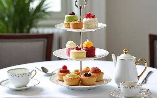 A classic afternoon tea set displayed beautifully on a white tablecloth.