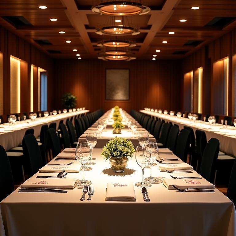 The interior of the teahouse elegantly set up for a private corporate evening event, with branded place settings.
